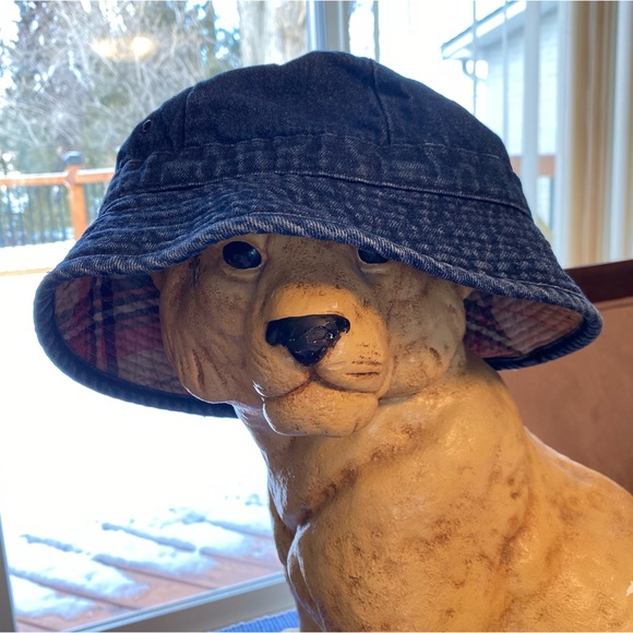 Denim Bucket Hat with Plaid Hidden Rim - Picture 3 of 4